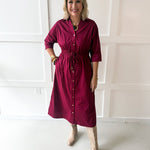 Cinched Waist Midi Dress - Burgandy