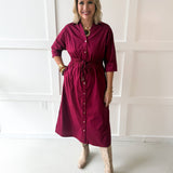 Cinched Waist Midi Dress - Burgandy