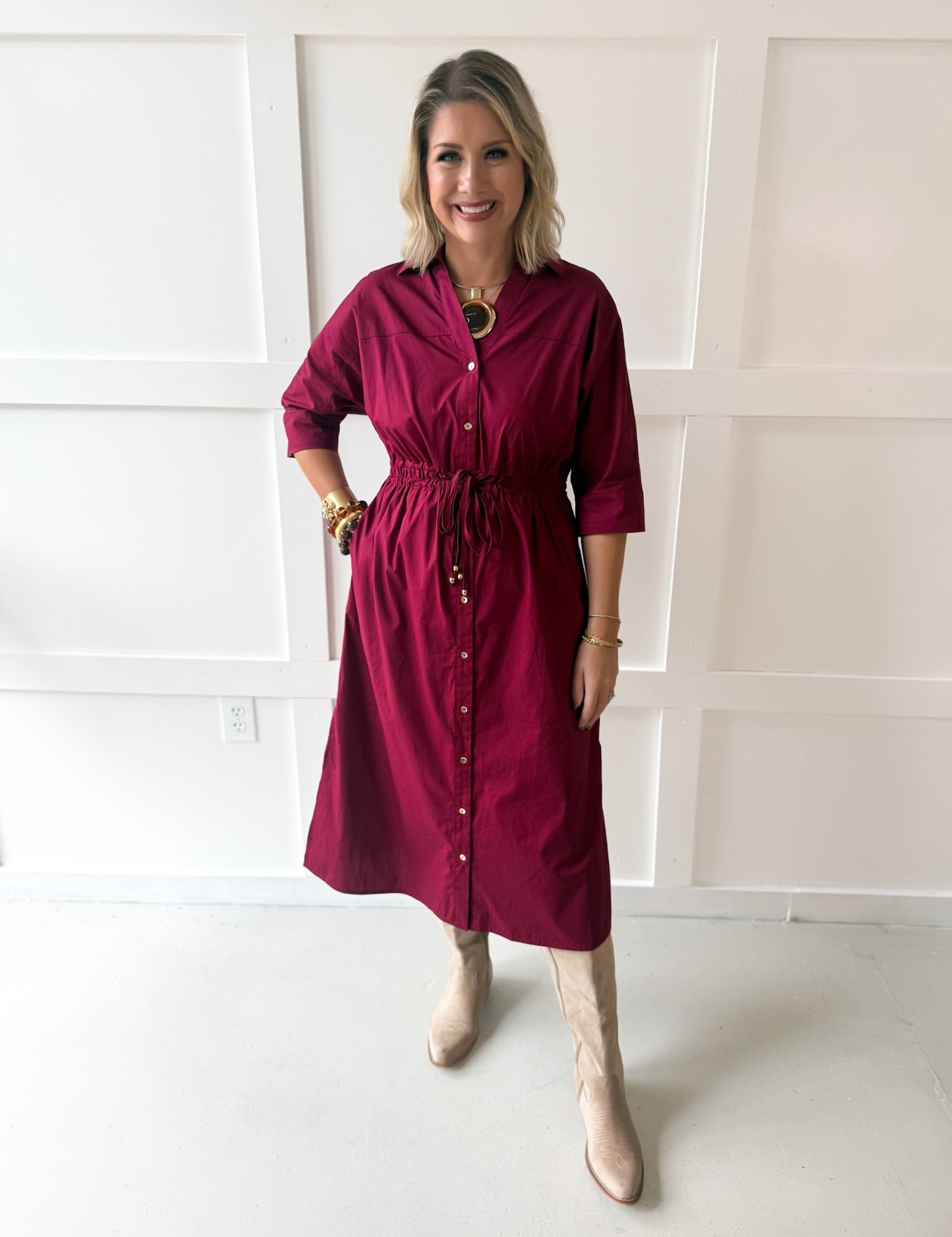 Cinched Waist Midi Dress - Burgandy