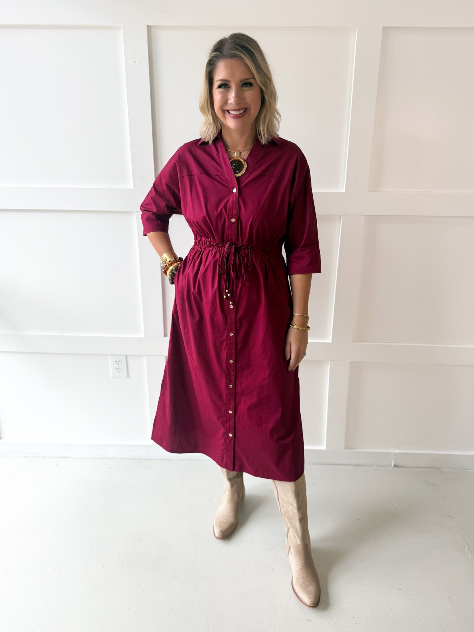 Cinched Waist Midi Dress - Burgandy
