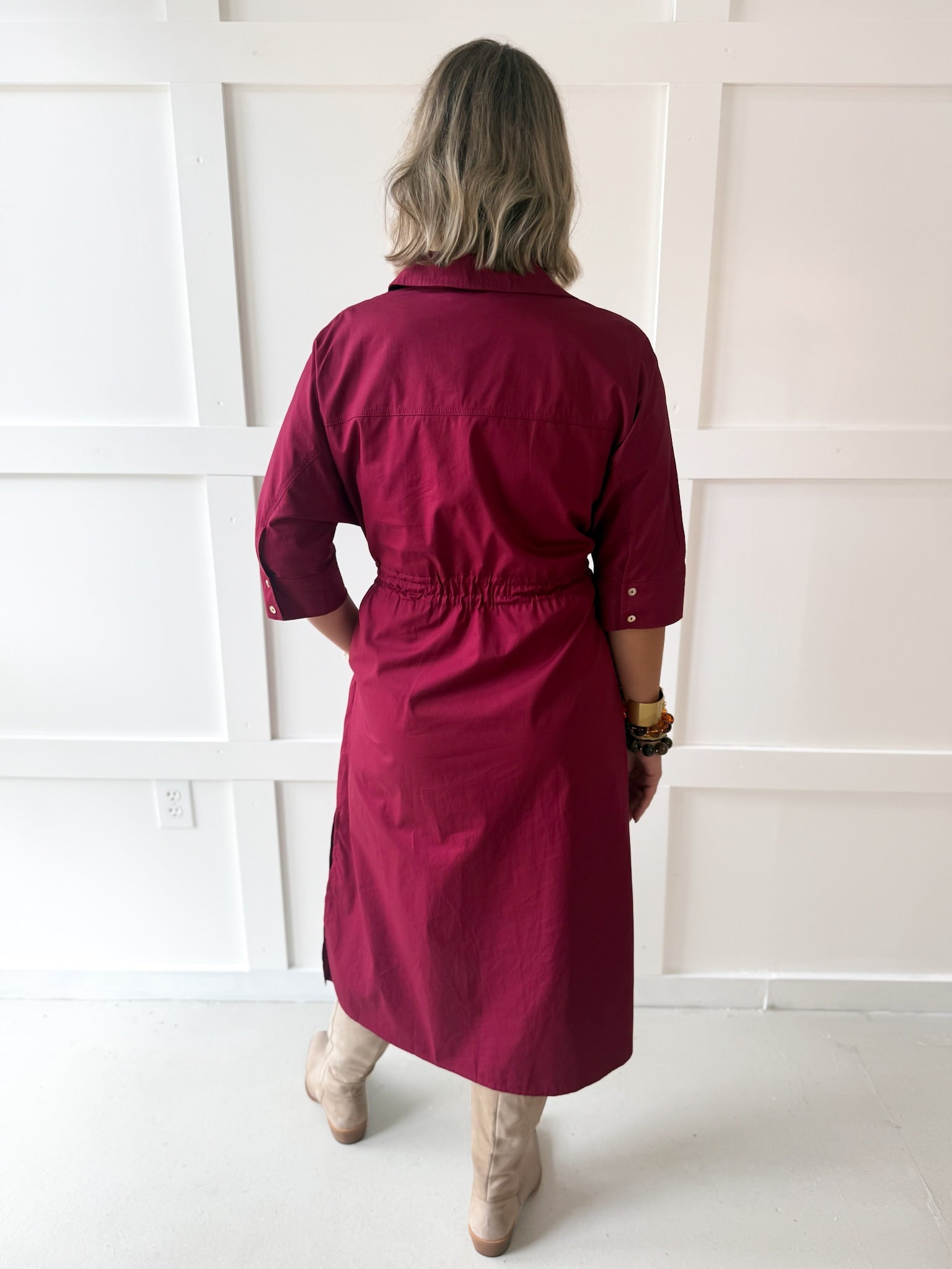 Cinched Waist Midi Dress - Burgandy