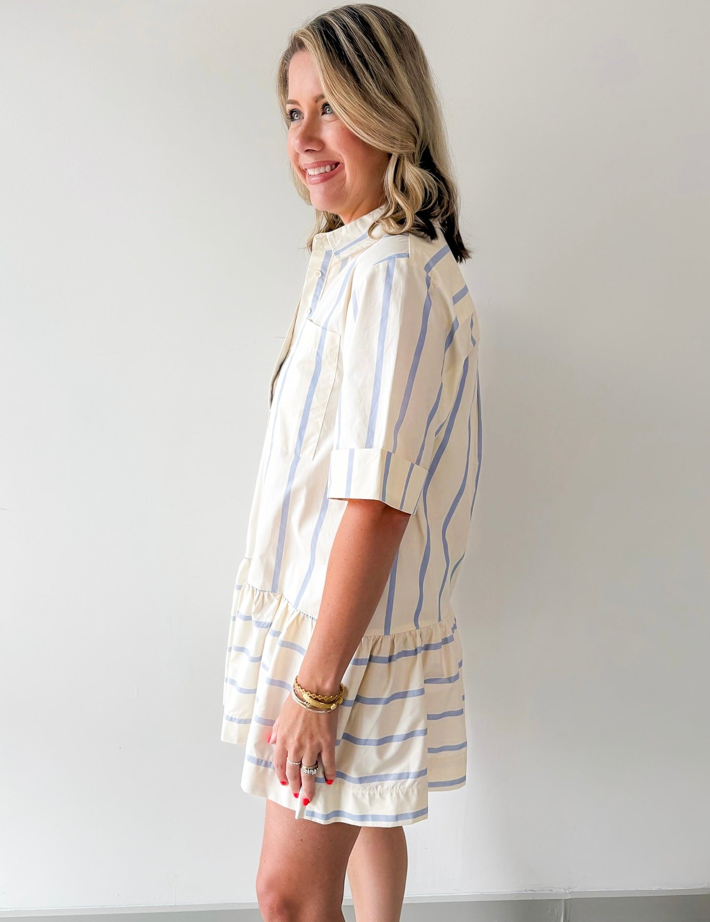 Collar Neck Short Sleeve Dress - Blue