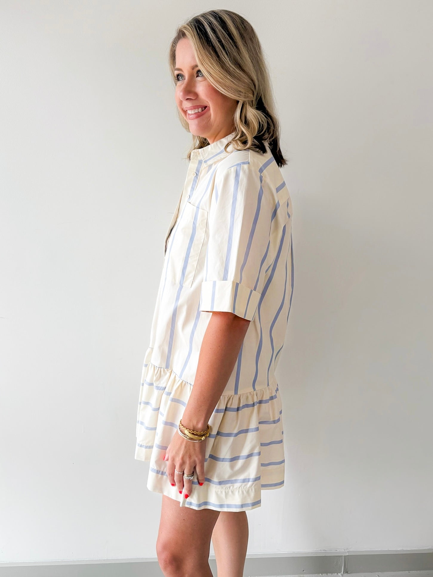 Collar Neck Short Sleeve Dress - Blue