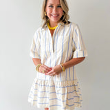 Collar Neck Short Sleeve Dress - Blue