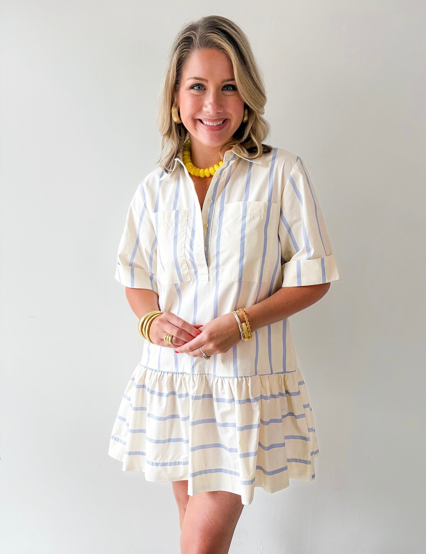 Collar Neck Short Sleeve Dress - Blue
