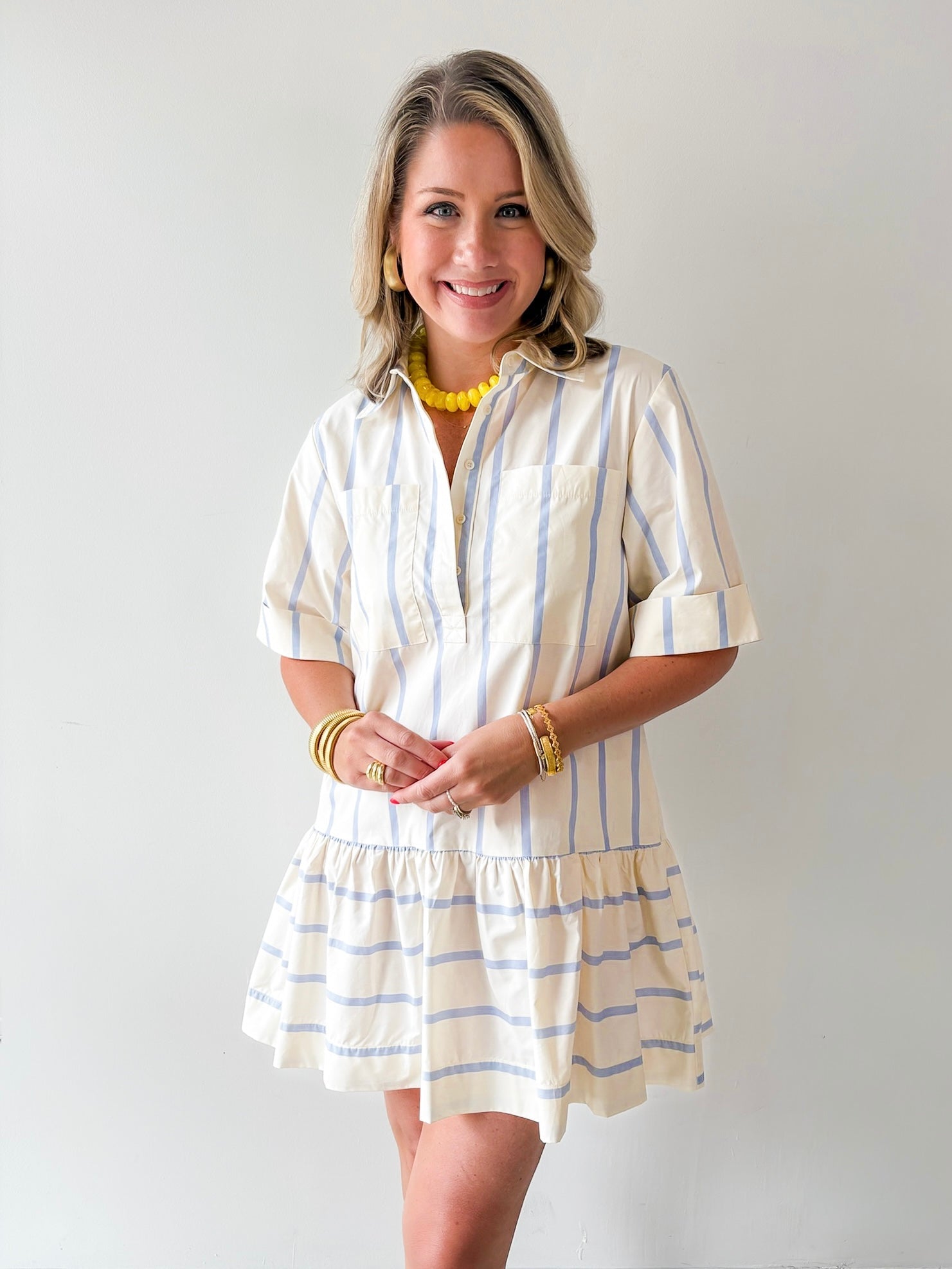 Collar Neck Short Sleeve Dress - Blue