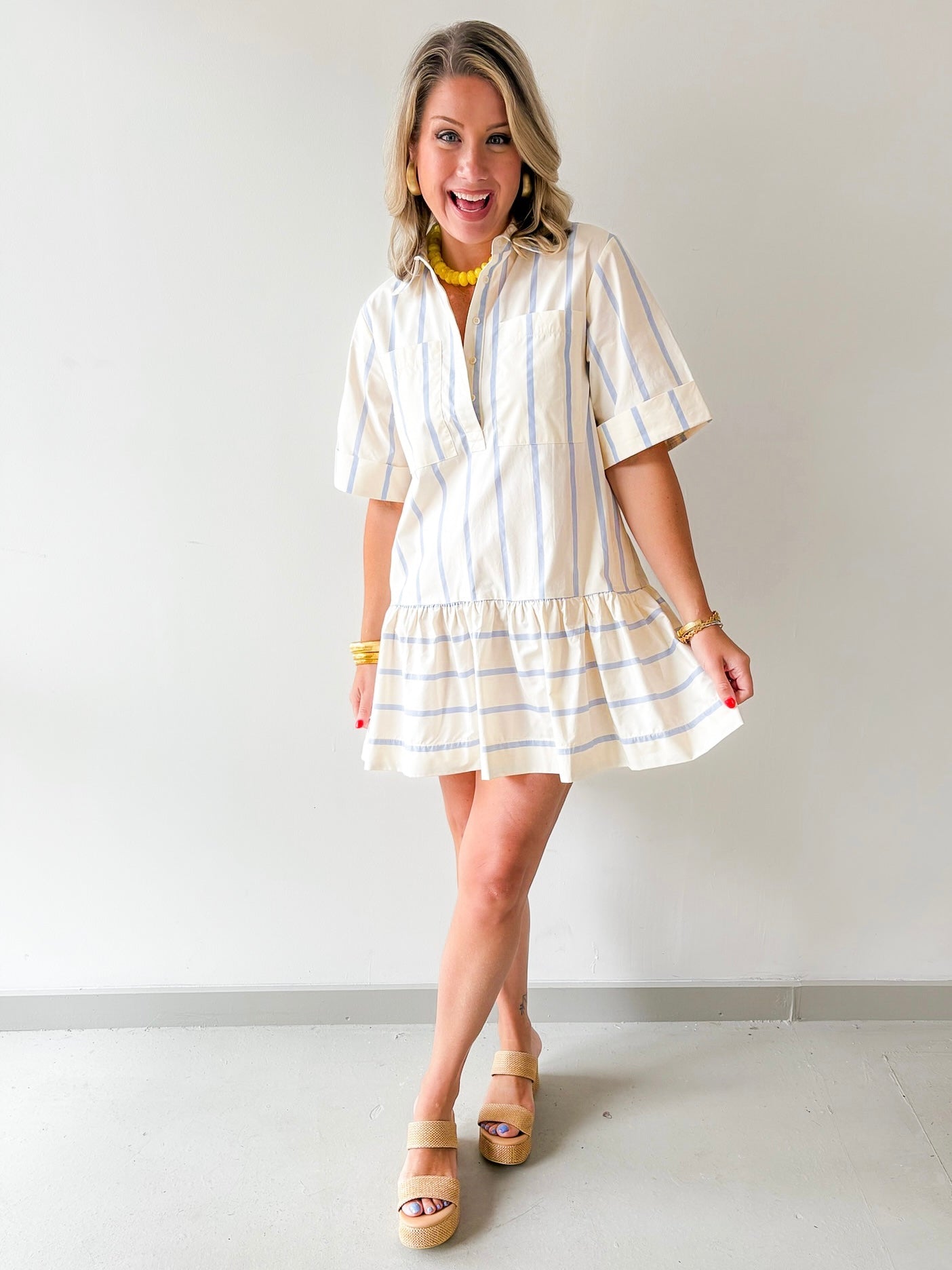 Collar Neck Short Sleeve Dress - Blue