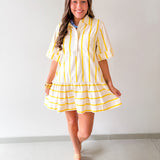 Collar Neck Short Sleeve Dress - Yellow
