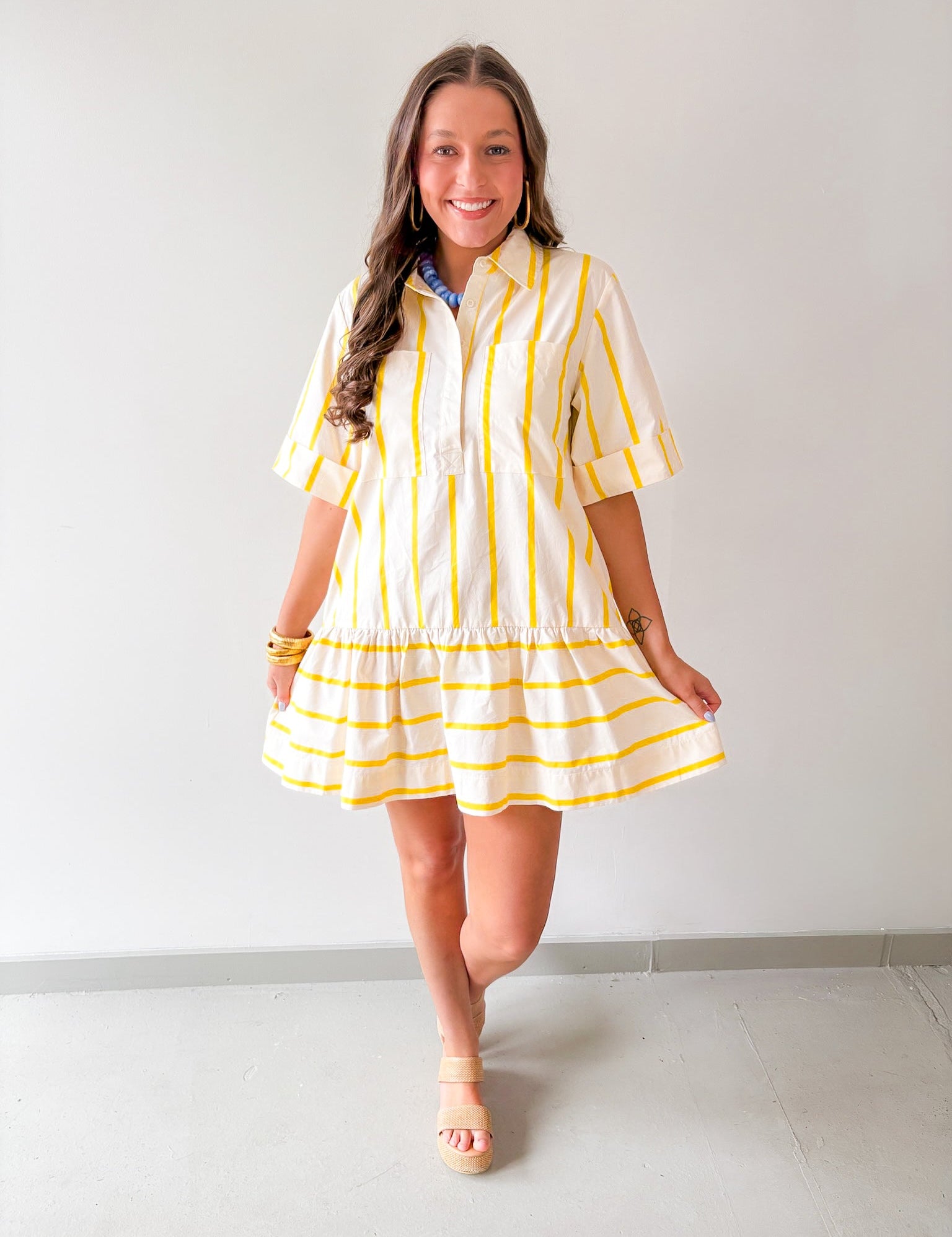 Collar Neck Short Sleeve Dress - Yellow