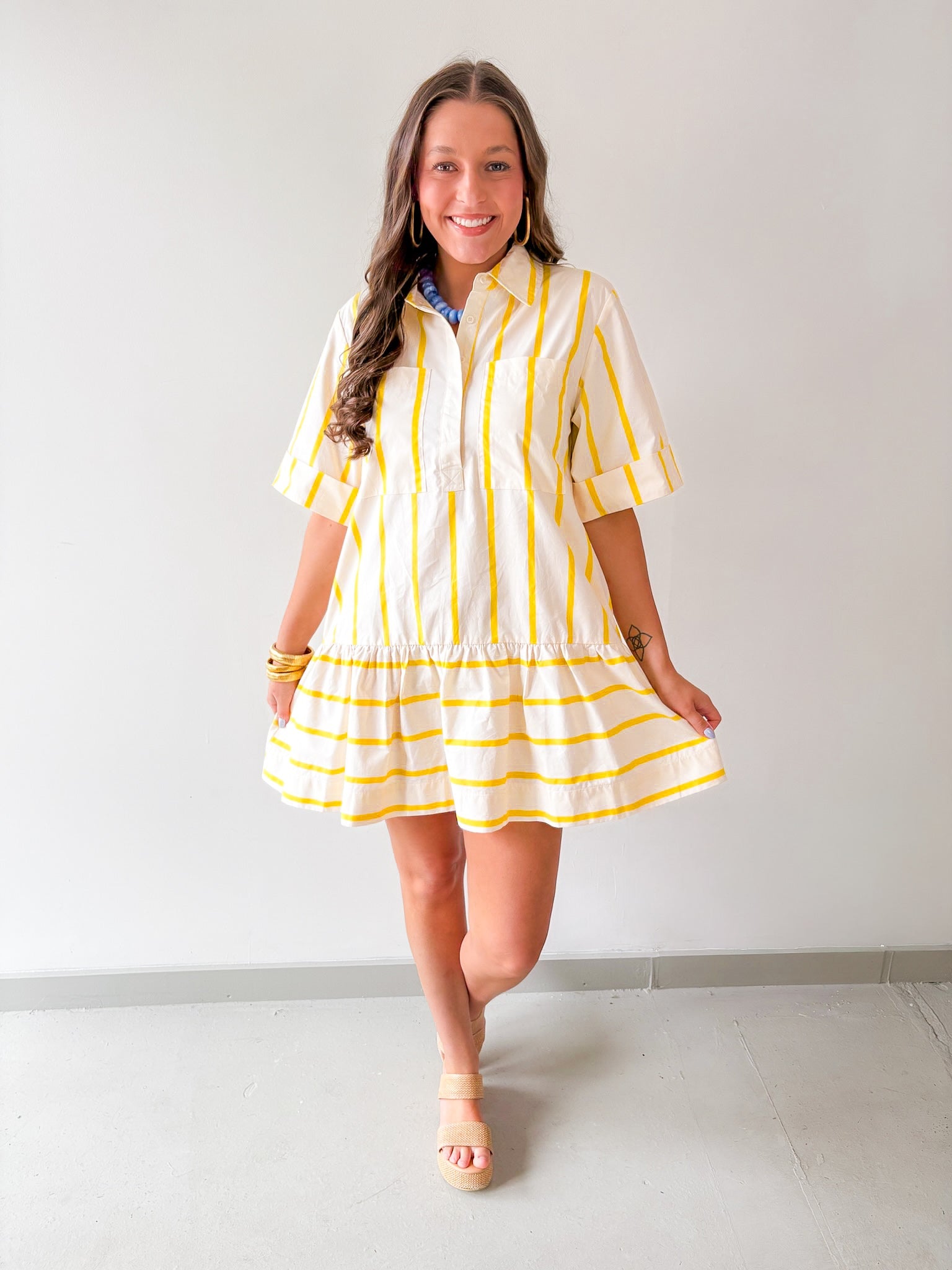 Collar Neck Short Sleeve Dress - Yellow
