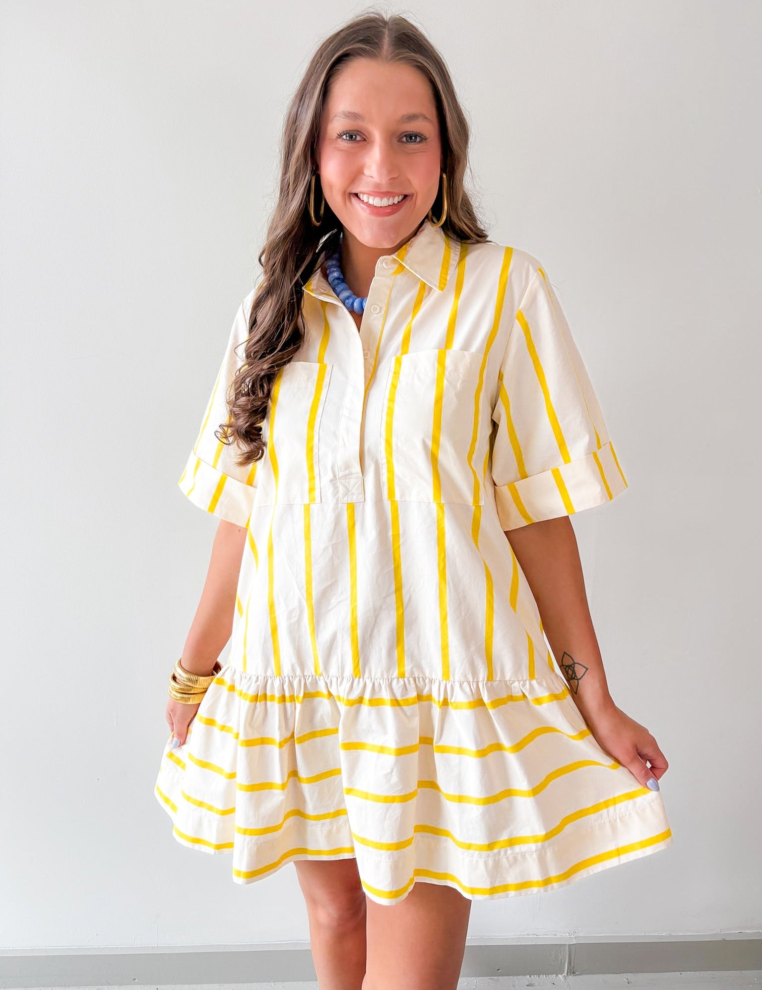 Collar Neck Short Sleeve Dress - Yellow