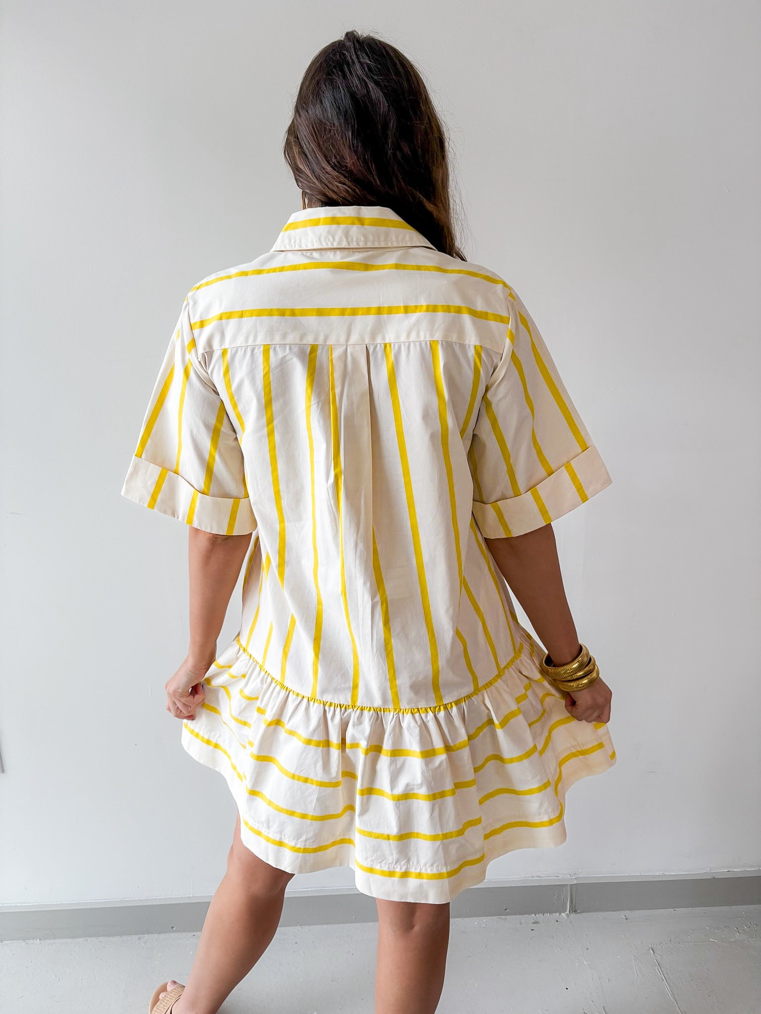 Collar Neck Short Sleeve Dress - Yellow