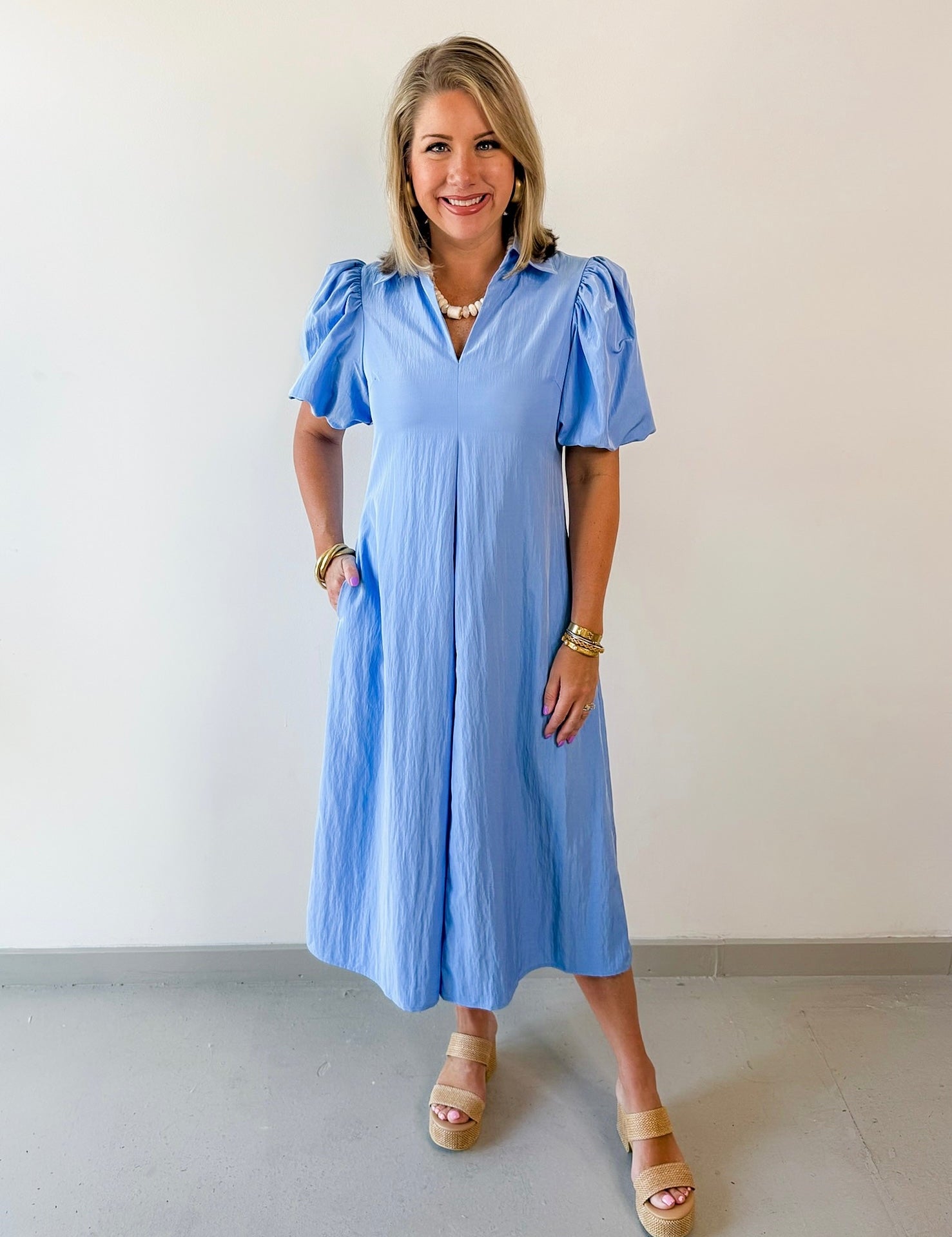 Collard Puff Sleeve V Neck Dress