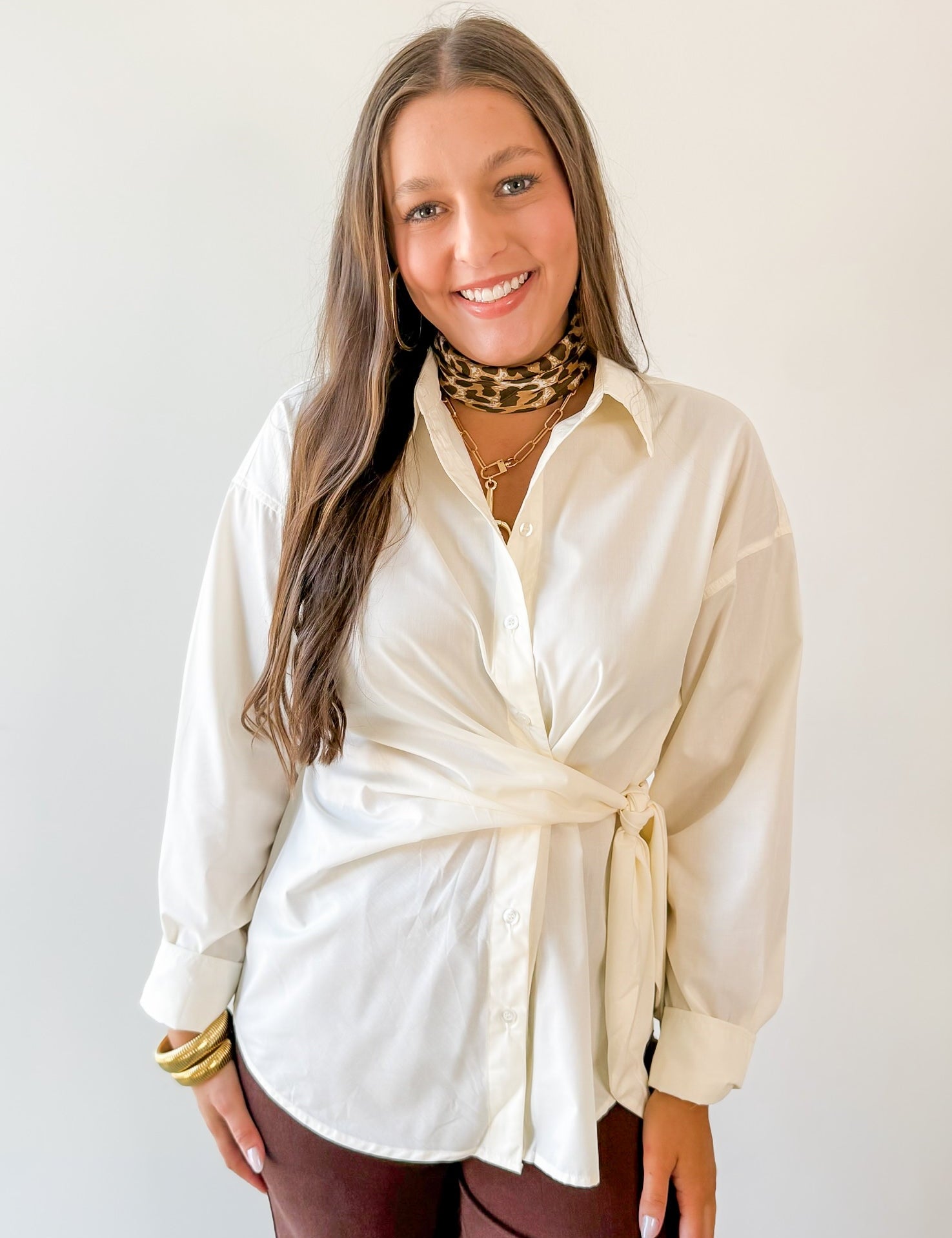 Collared Button down Tie Shirt - Cream