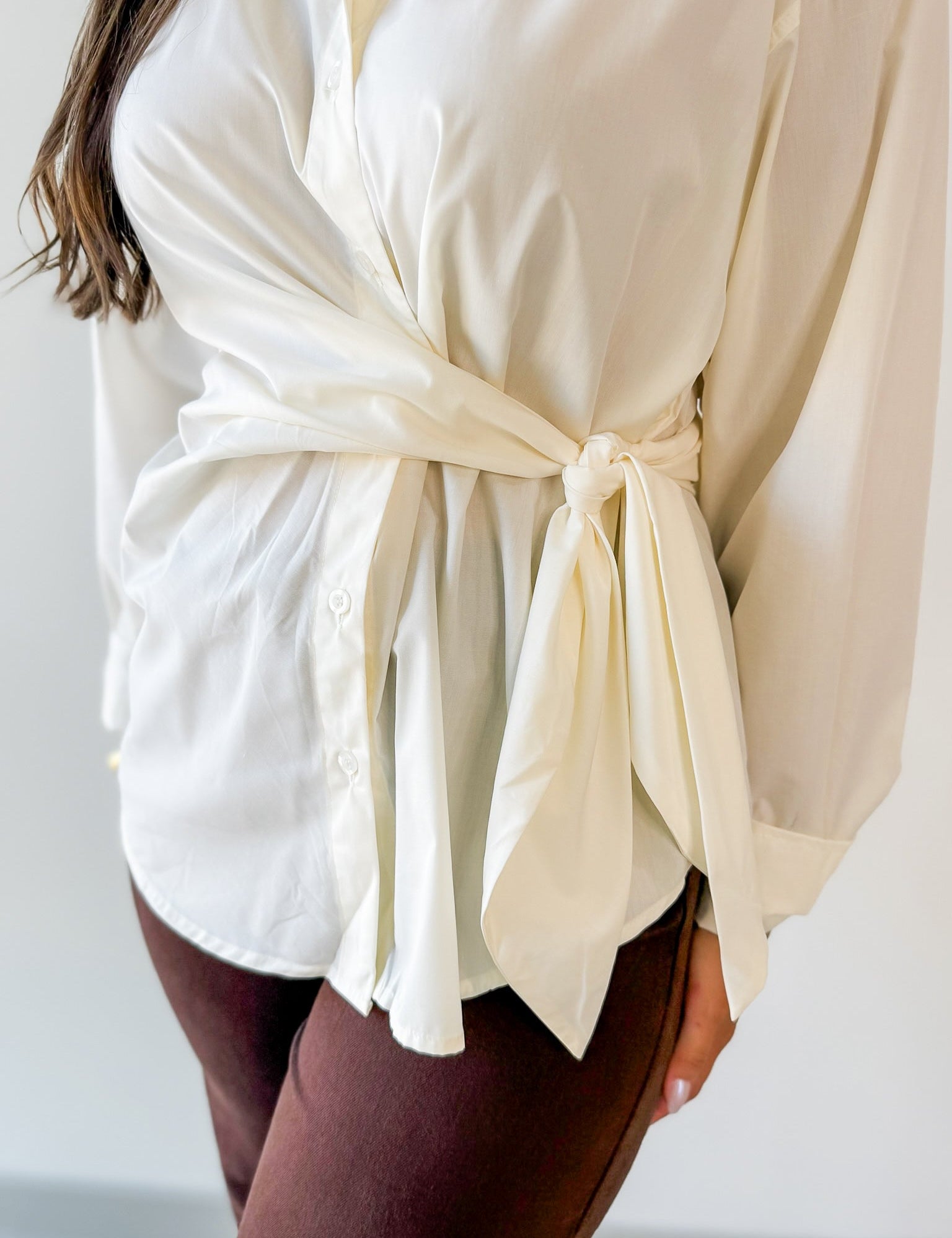 Collared Button down Tie Shirt - Cream