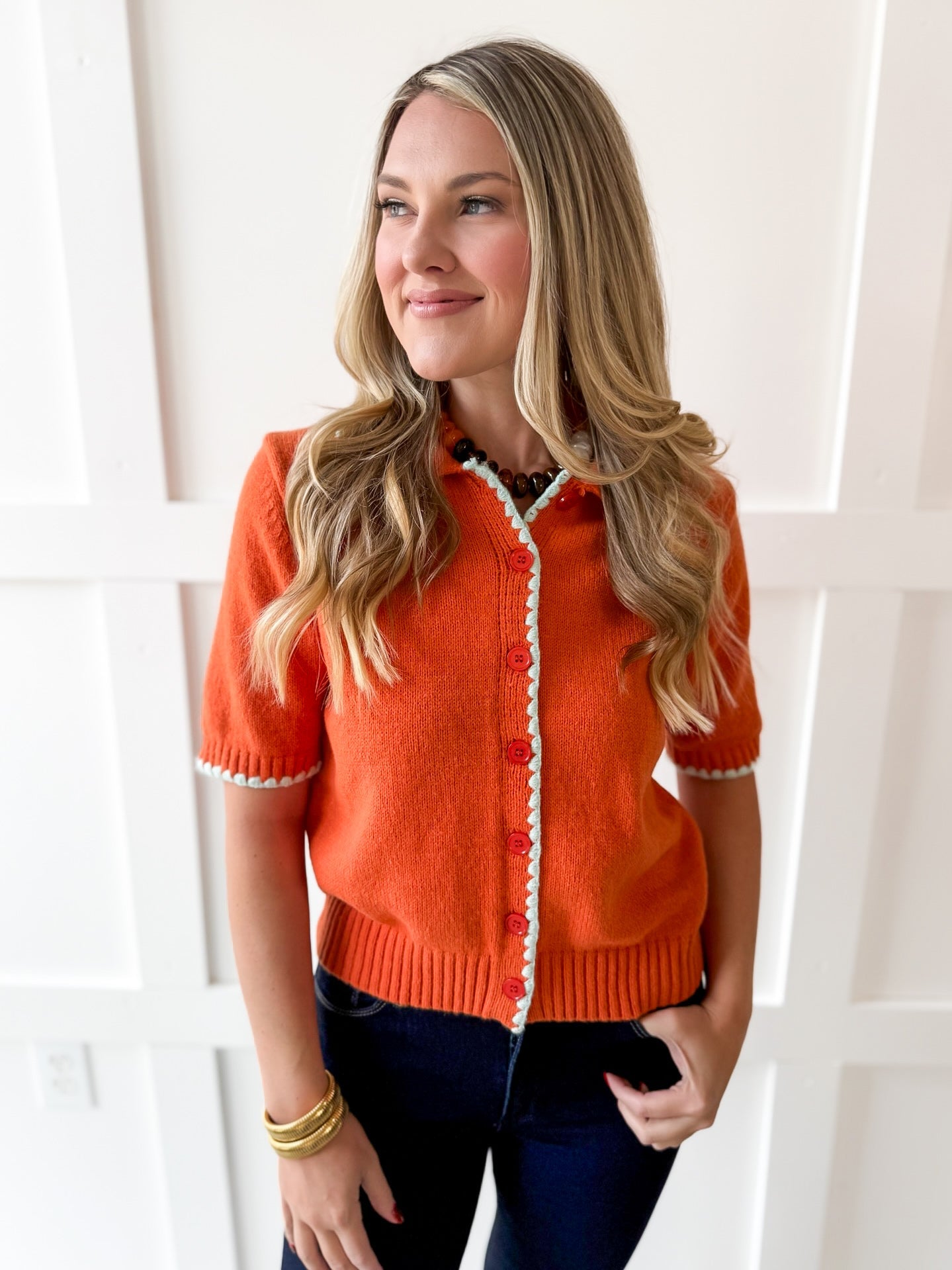 Collared Button Up Cardigan - Rust
