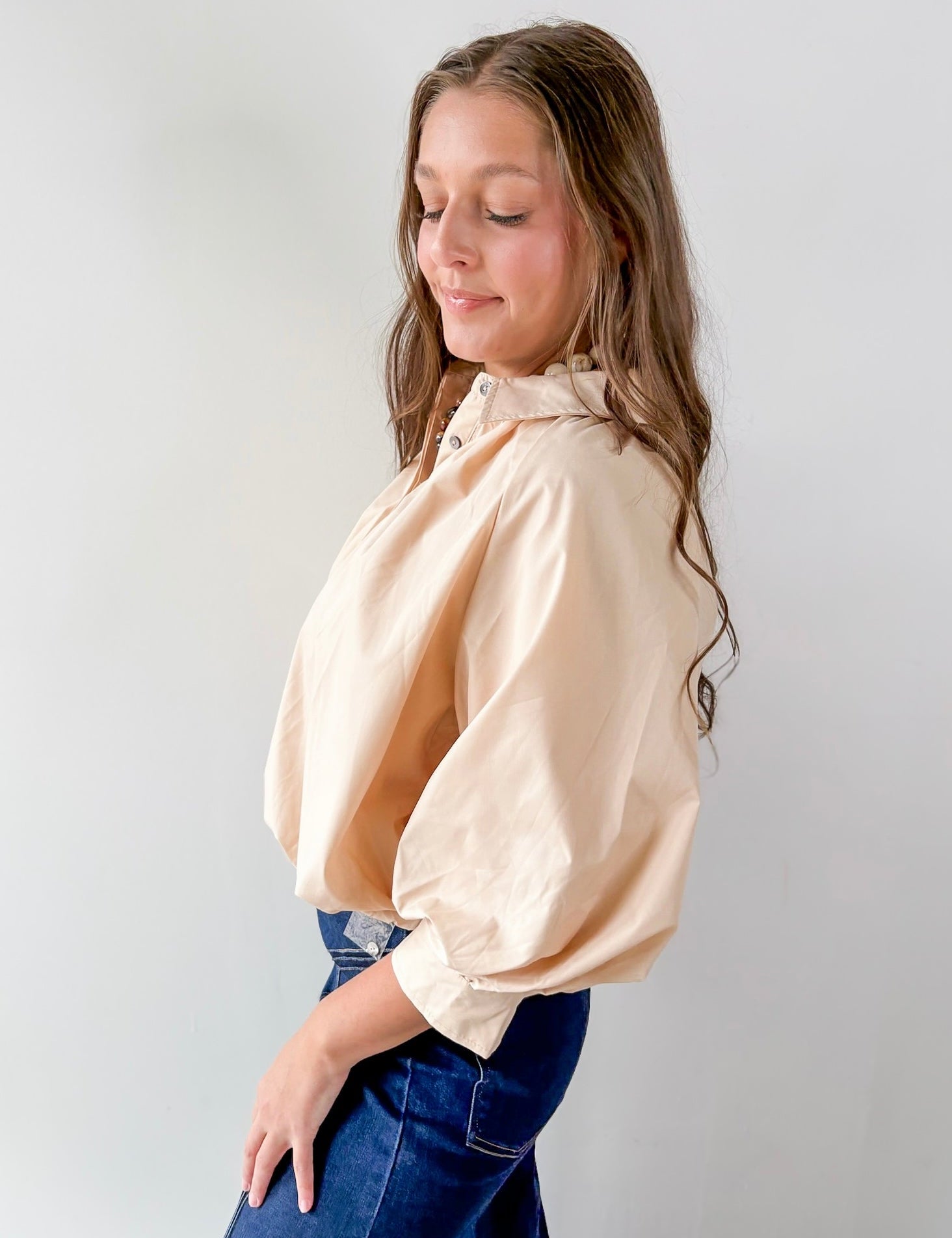 Collared Pleated Button Top- Ecru