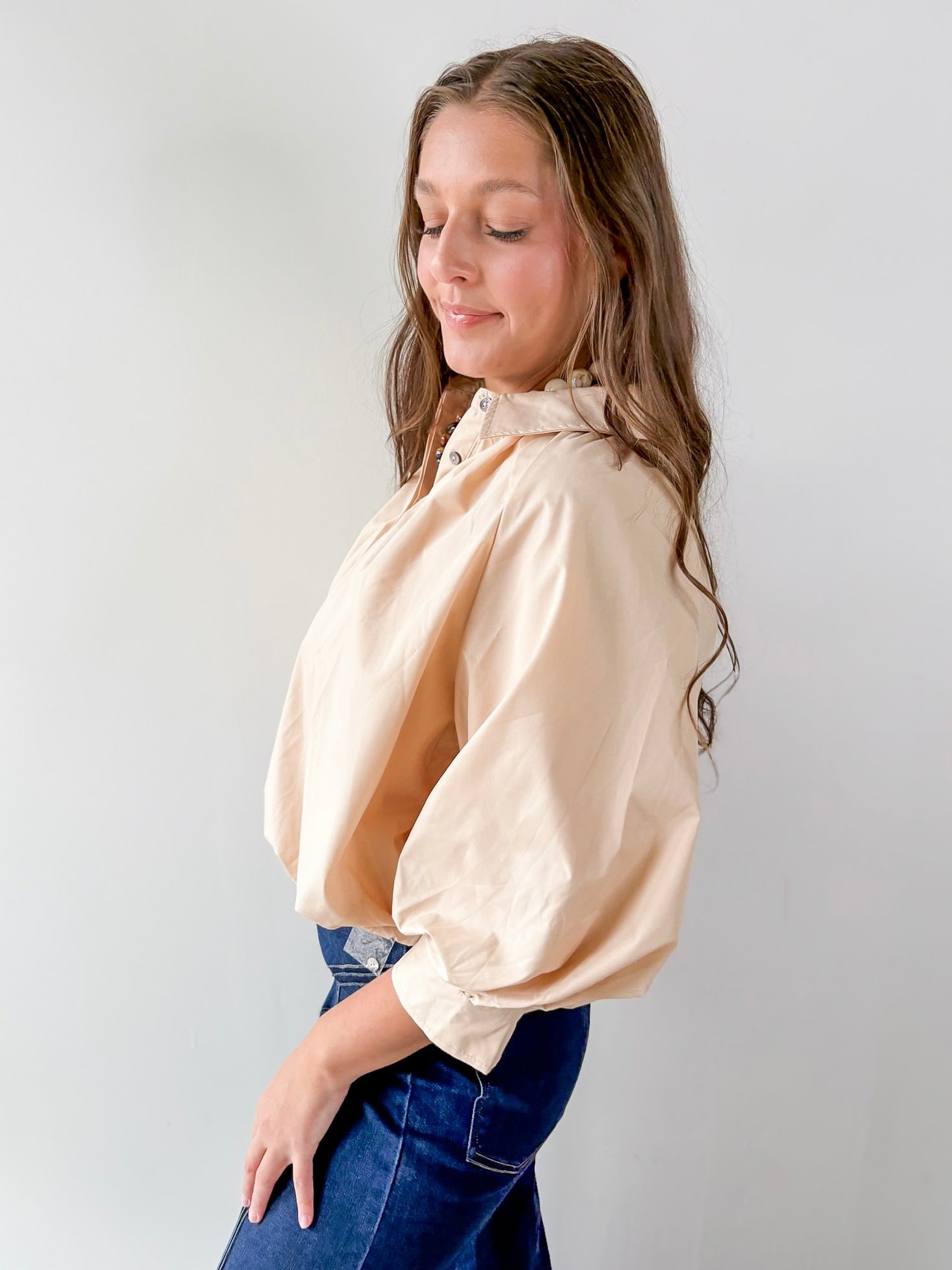 Collared Pleated Button Top- Ecru