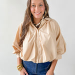 Collared Pleated Button Top- Ecru