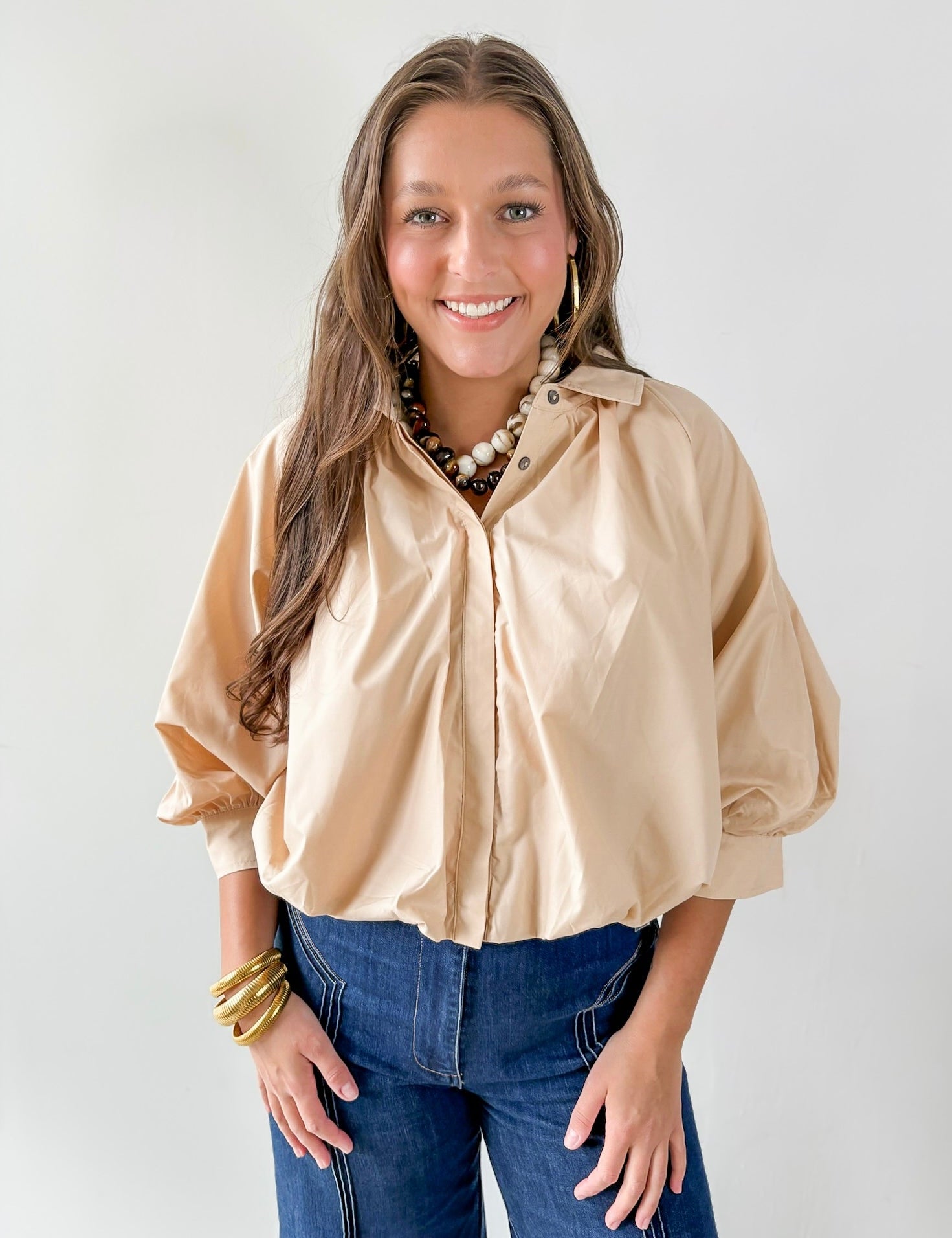 Collared Pleated Button Top- Ecru