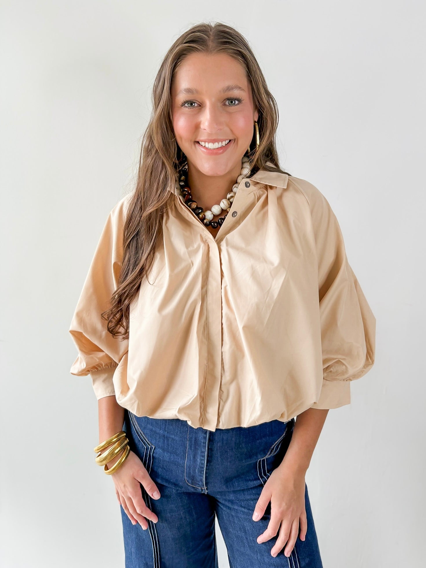 Collared Pleated Button Top- Ecru