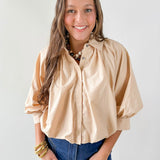 Collared Pleated Button Top- Ecru