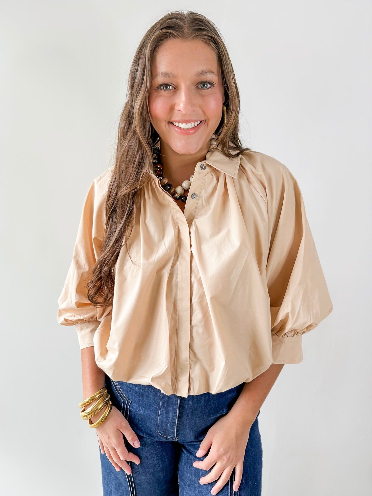 Collared Pleated Button Top- Ecru