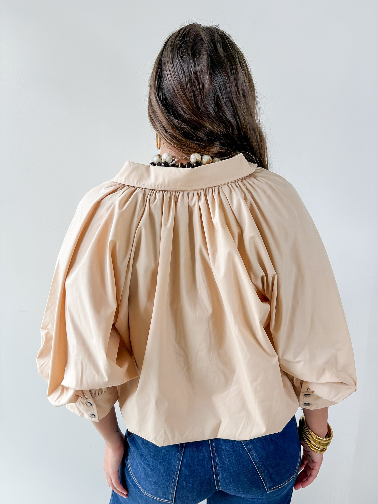 Collared Pleated Button Top- Ecru