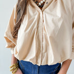 Collared Pleated Button Top- Ecru