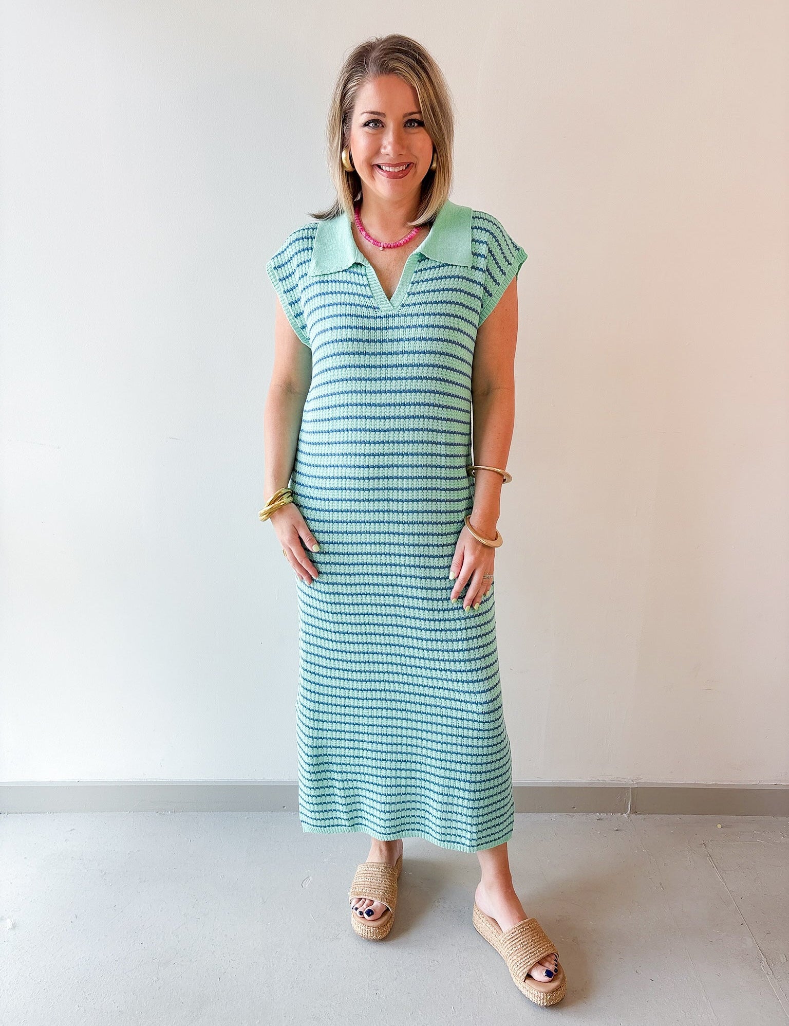Collared Stripe Sweater Midi Dress - Mint