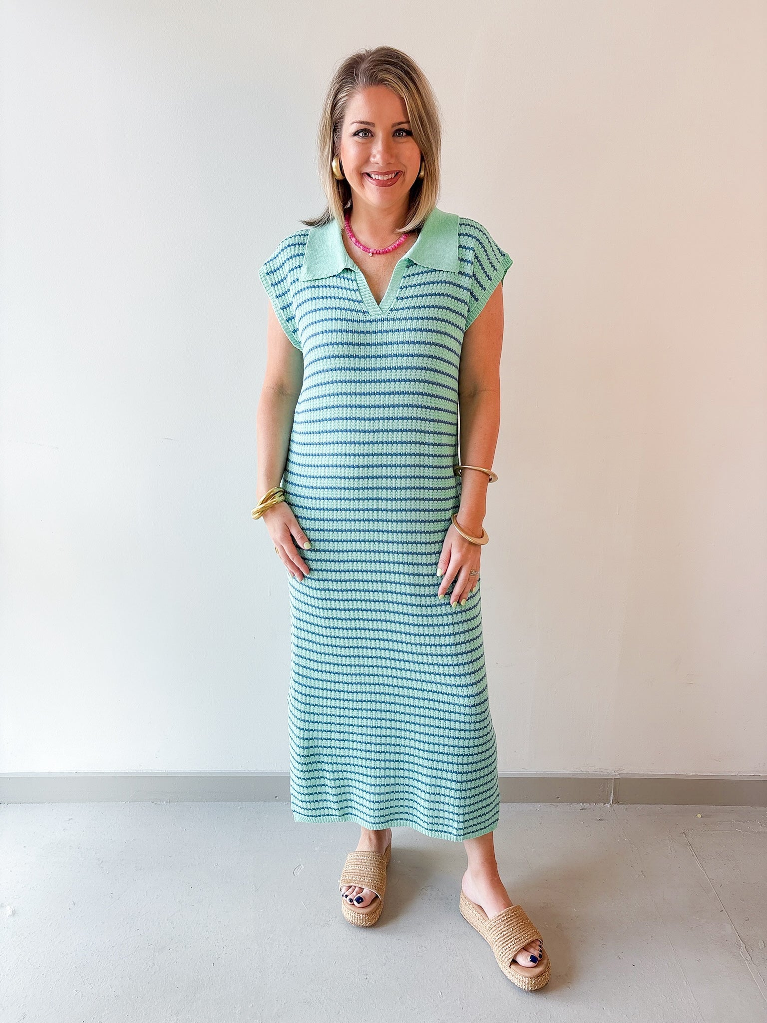 Collared Stripe Sweater Midi Dress - Mint