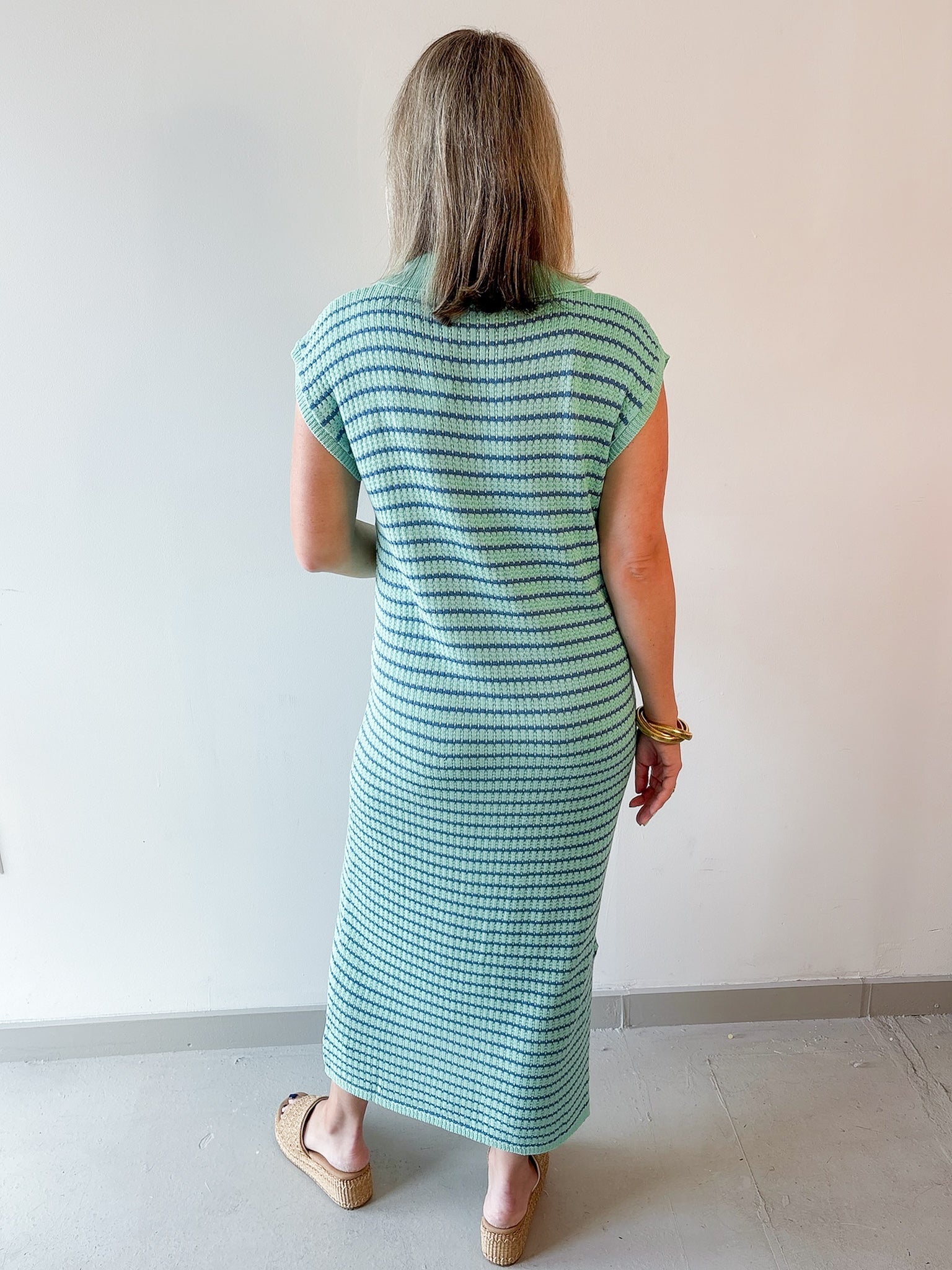 Collared Stripe Sweater Midi Dress - Mint