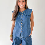 Collared Top Denim & Pleated Short Set