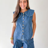 Collared Top Denim & Pleated Short Set