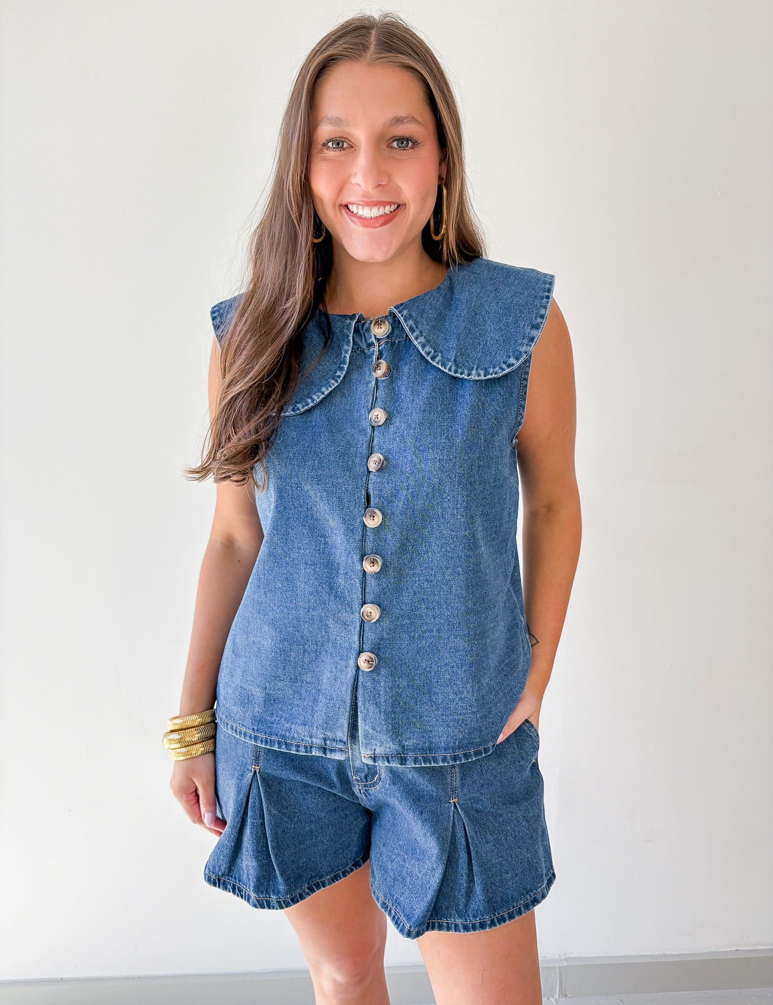 Collared Top Denim & Pleated Short Set