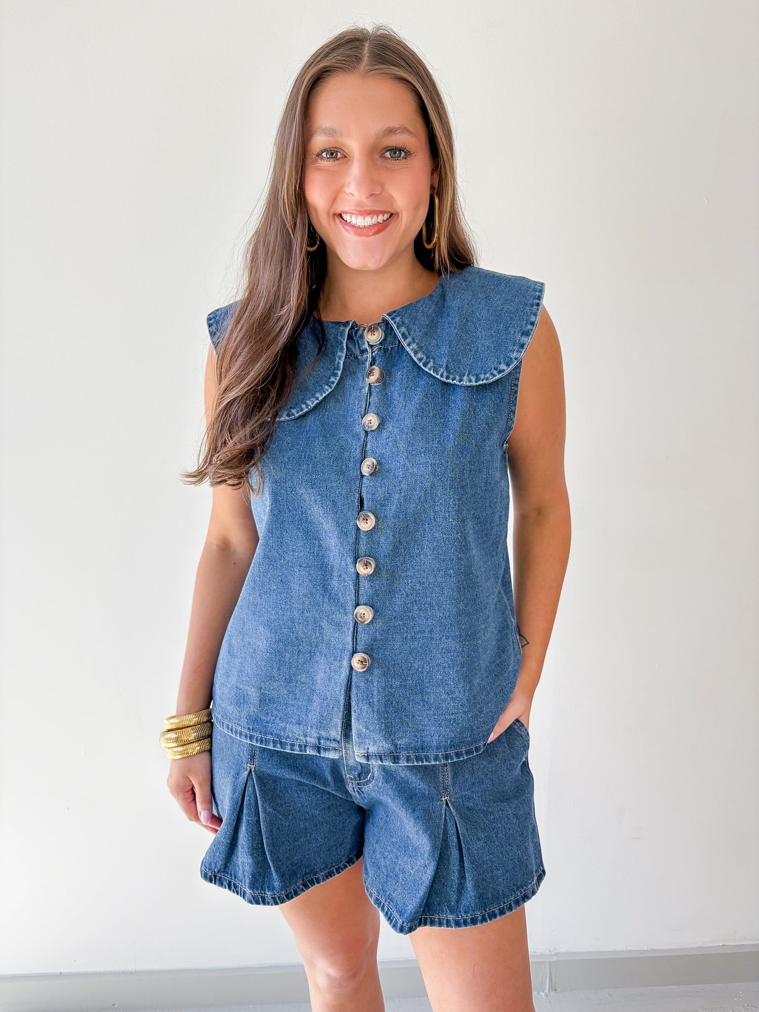 Collared Top Denim & Pleated Short Set