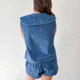 Collared Top Denim & Pleated Short Set