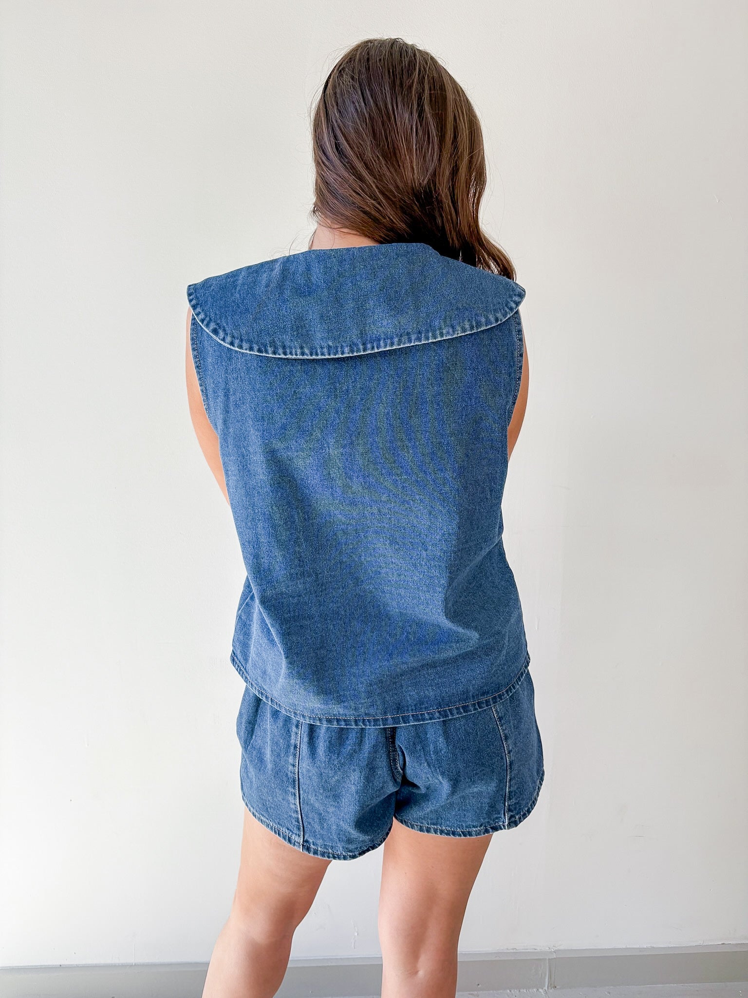 Collared Top Denim & Pleated Short Set
