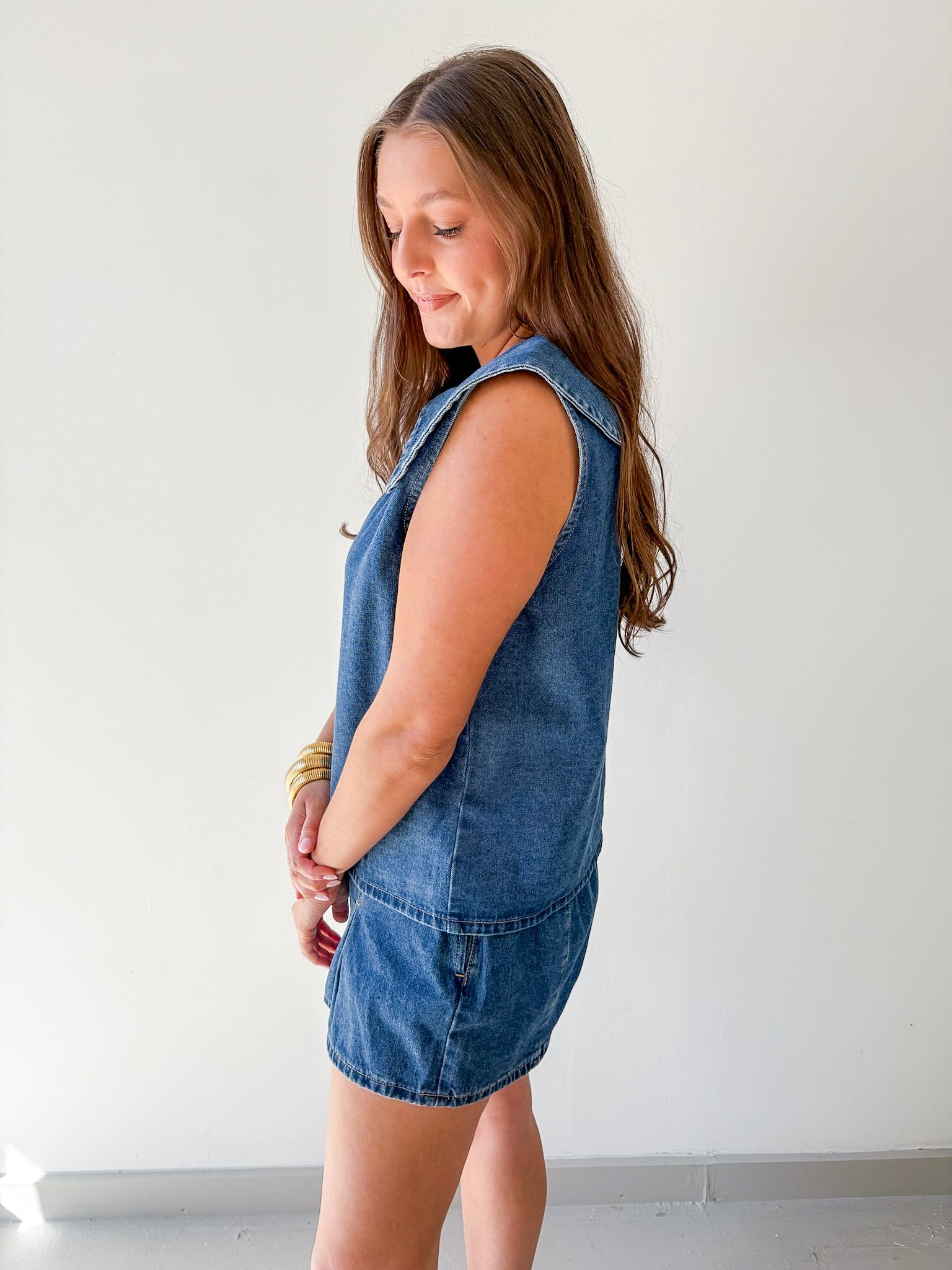 Collared Top Denim & Pleated Short Set