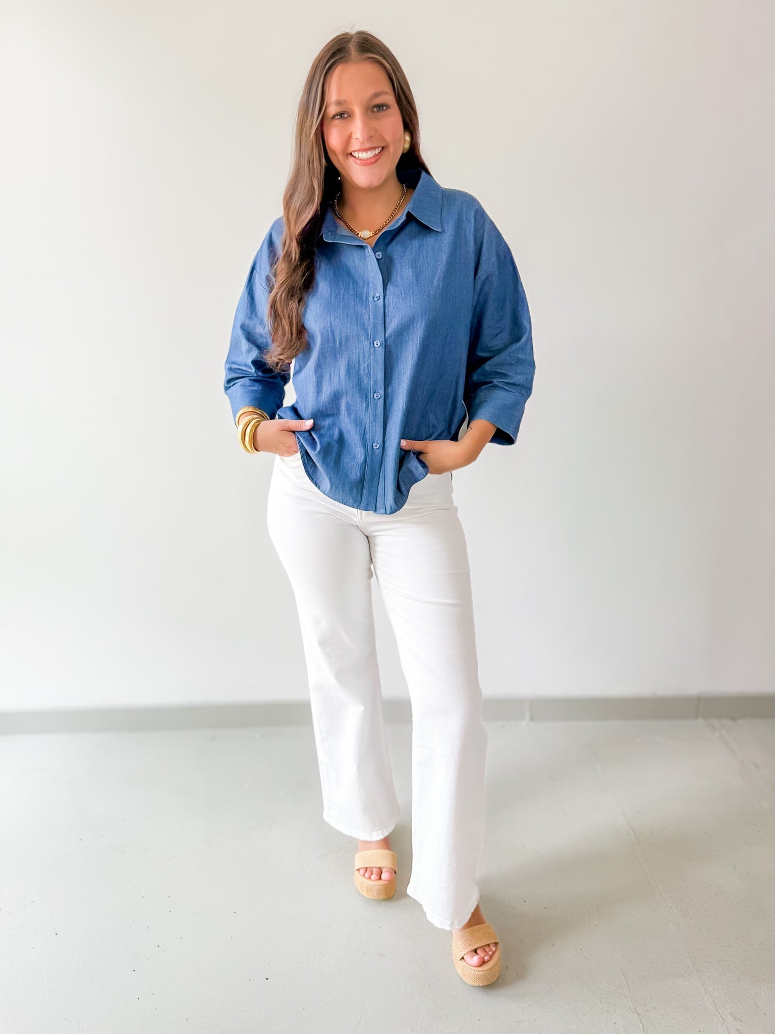 Color Band Trim Accent Denim Shirt