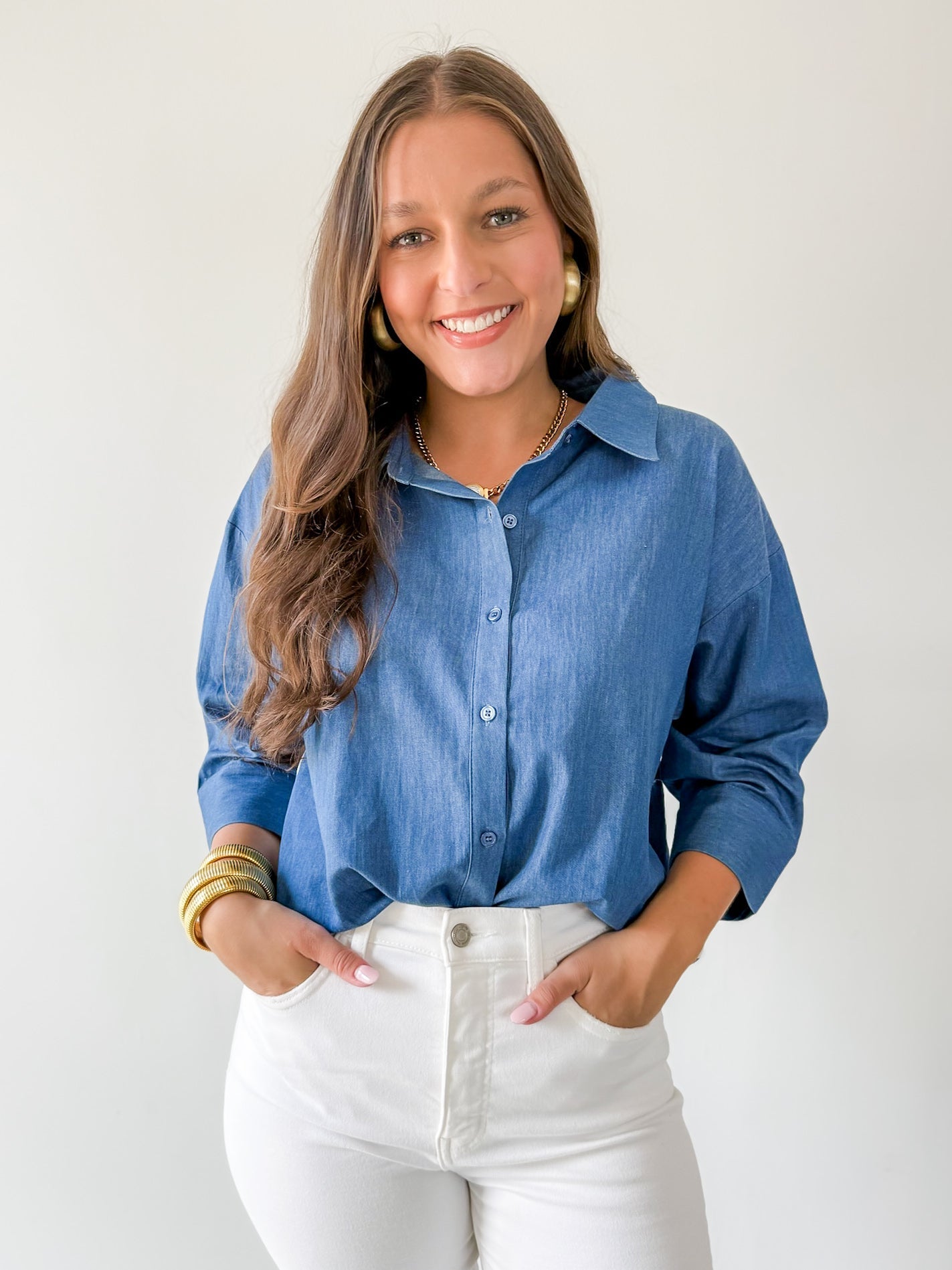 Color Band Trim Accent Denim Shirt
