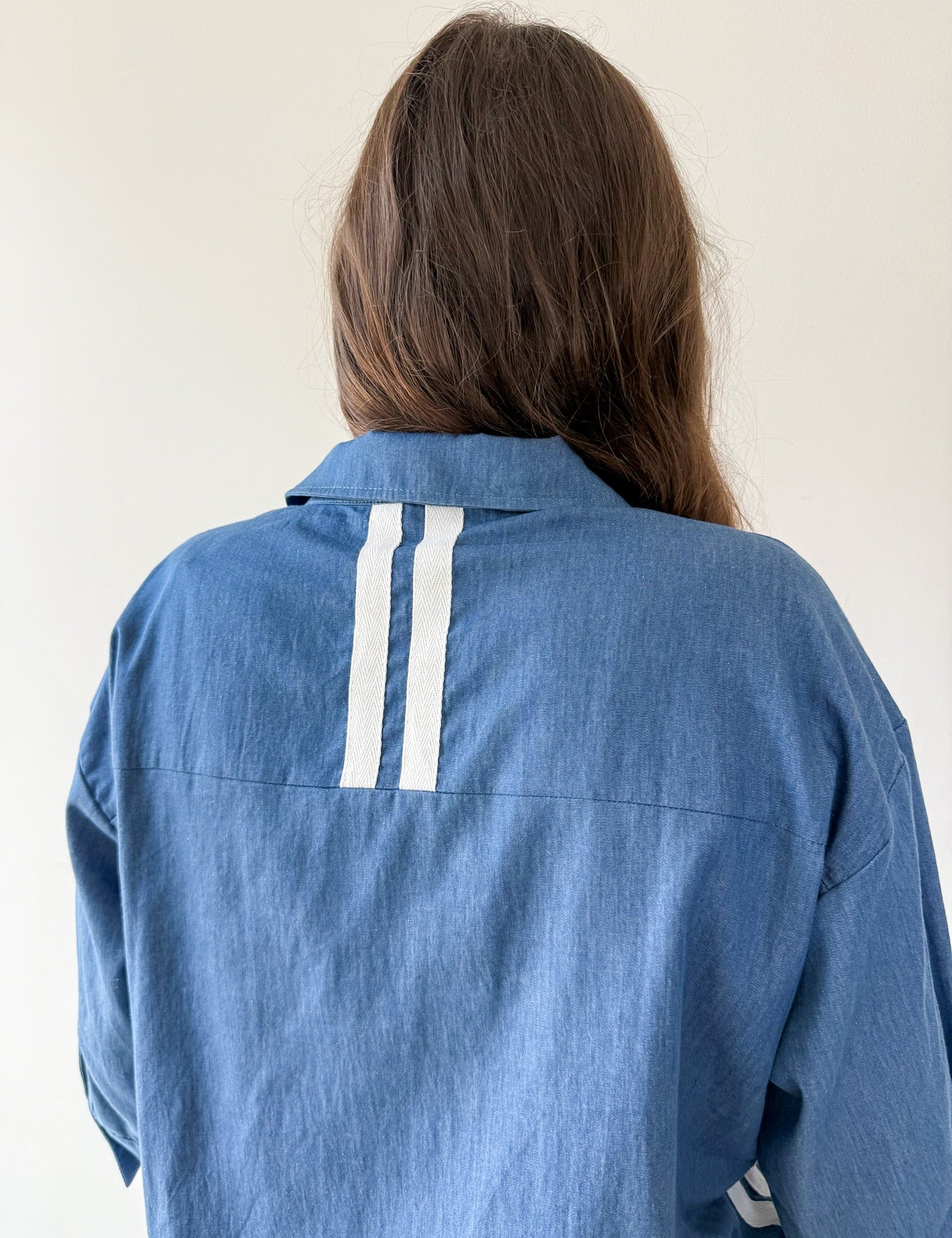 Color Band Trim Accent Denim Shirt