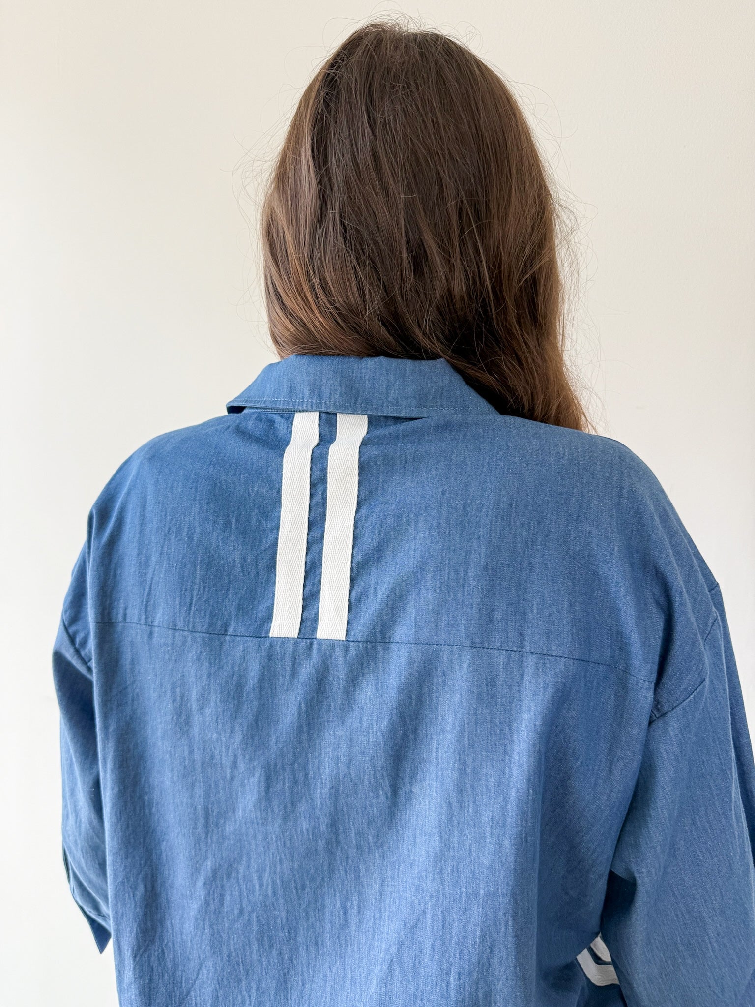 Color Band Trim Accent Denim Shirt