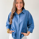 Color Band Trim Accent Denim Shirt