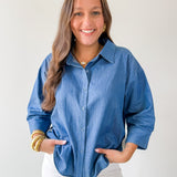 Color Band Trim Accent Denim Shirt