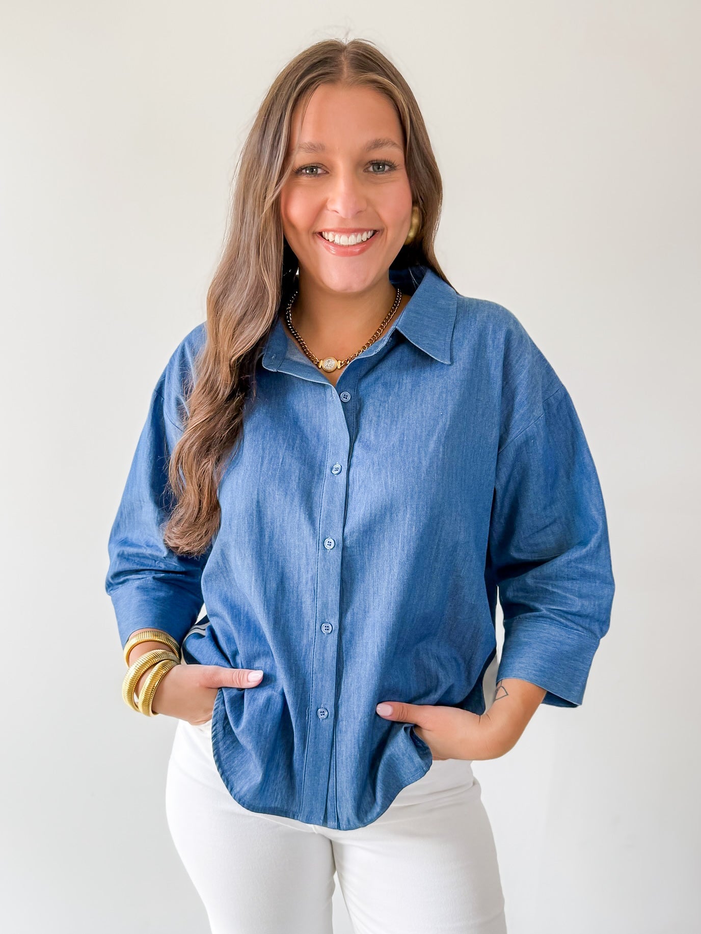 Color Band Trim Accent Denim Shirt