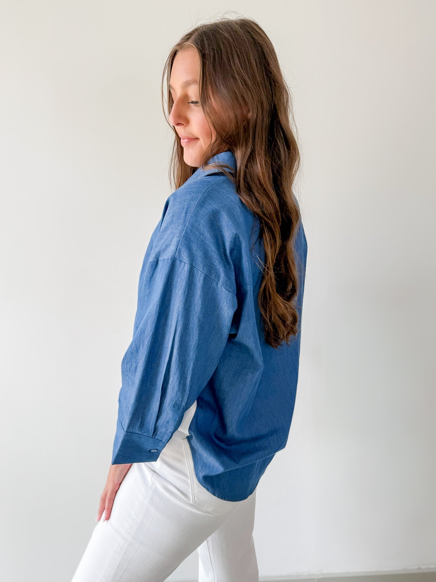 Color Band Trim Accent Denim Shirt