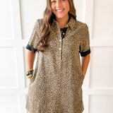 Color Contrast Accent Leopard Dress- Taupe