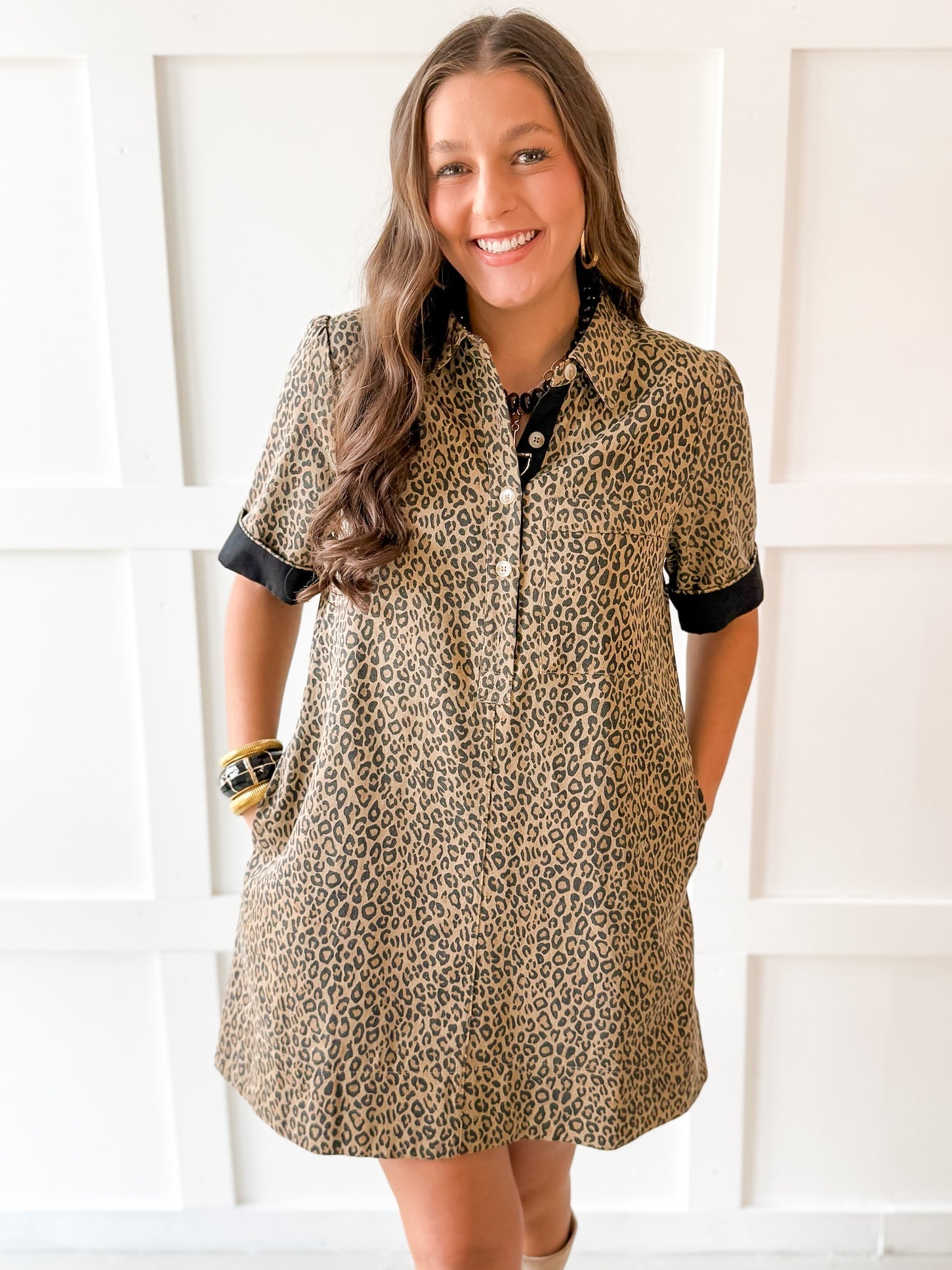 Color Contrast Accent Leopard Dress- Taupe