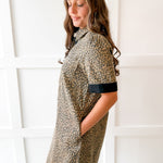 Color Contrast Accent Leopard Dress- Taupe